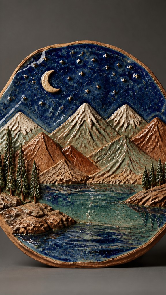 a tranquil mountain lake beneath a starry night sky, no people, no text — Ceramic Sculpture Art Style phone wallpaper