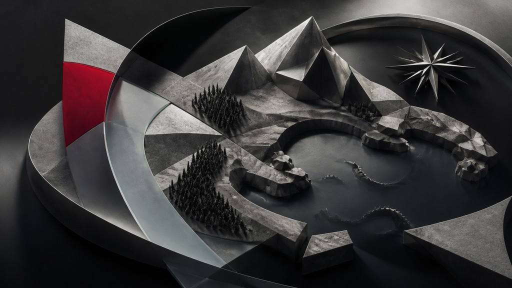 a map of an island realm with mountains, forests, a sheltered bay, sea monsters in the water and a compass rose, no text labels — Modern Abstract Sculpture Art Style fantasy map