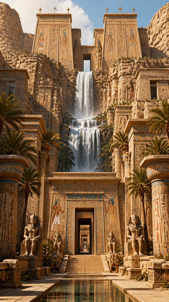 towering waterfall cascading down a cliff — Ancient Egyptian Architecture