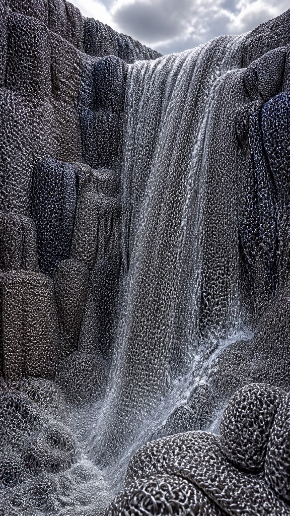towering waterfall cascading down a cliff — Chainmail Jewelry Style