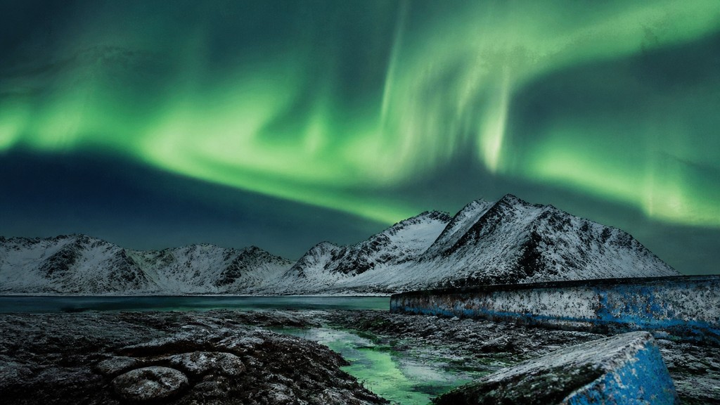 a flowing aurora over snowy peaks, wide sweeping composition, no people, no text — Environmental Art Style banner
