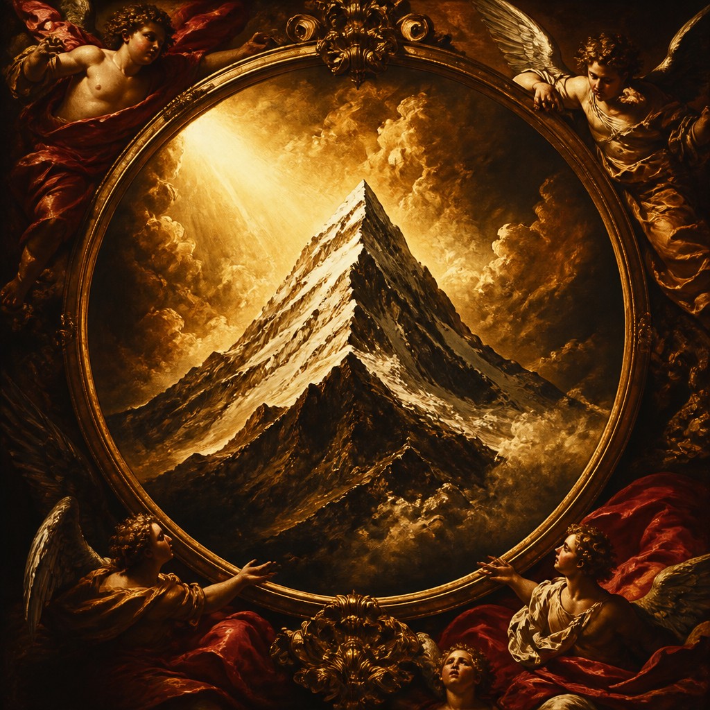 an emblem of a mountain peak inside a circle, simple bold shapes on a plain background, no text or lettering — Baroque Religious Art logo concept