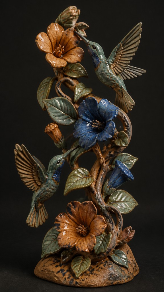 a climbing vine of flowers and hummingbirds on a dark background, tall wrapping composition, no text — Ceramic Sculpture Art Style phone case design