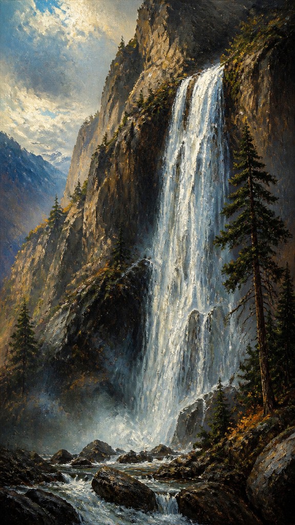 towering waterfall cascading down a cliff — Oil Painting Art Style