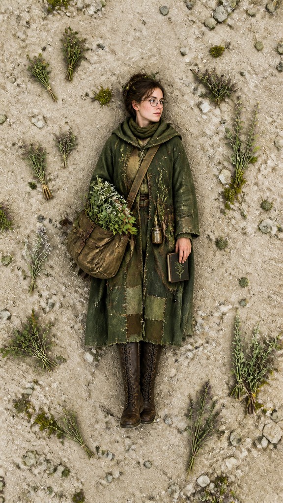 full-body original character: a wandering botanist with a satchel of plants, a patched green cloak, tall boots and round glasses, neutral background — Aerial Drone Photography Style character design