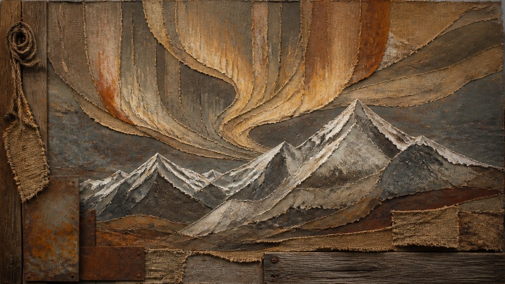 a flowing aurora over snowy peaks, wide sweeping composition, no people, no text — Arte Povera Art Style banner