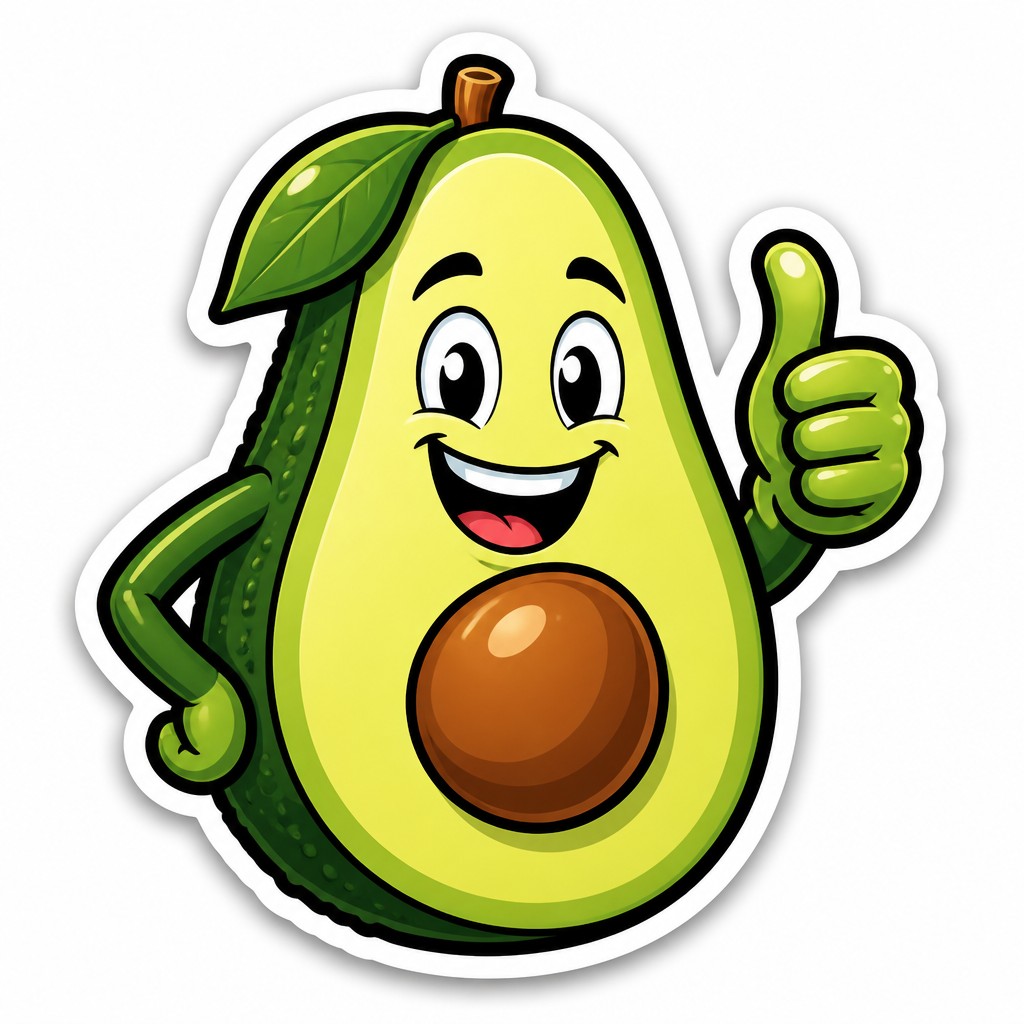 a happy avocado character giving a thumbs up, bold readable design on a plain background, no text — Die-Cut Sticker Design sticker