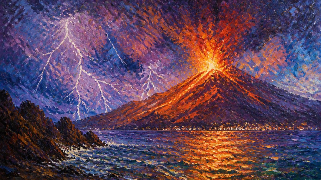 an erupting volcano with lightning strikes, dramatic wide composition, no text — Impressionist Landscape Art Style YouTube thumbnail