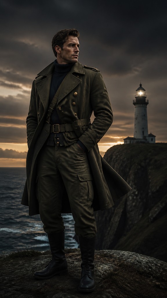 a lone lighthouse on a cliff at dusk under a dramatic sky, no text or lettering — Military-Inspired Fashion poster