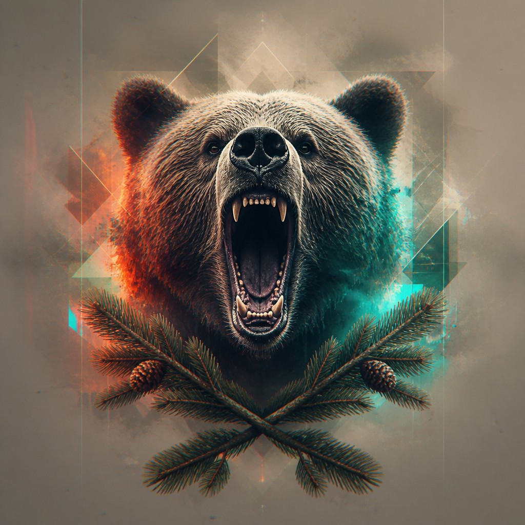 a roaring bear head above crossed pine branches, bold graphic composition on a plain background, no text — Contemporary Digital Landscape Art Style t-shirt design
