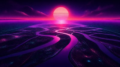 a wide river delta seen from above at sunset, no people — Synthwave Aesthetic wallpaper