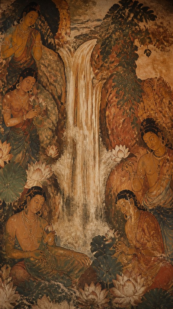 towering waterfall cascading down a cliff — Ancient Indian Mural Art Style
