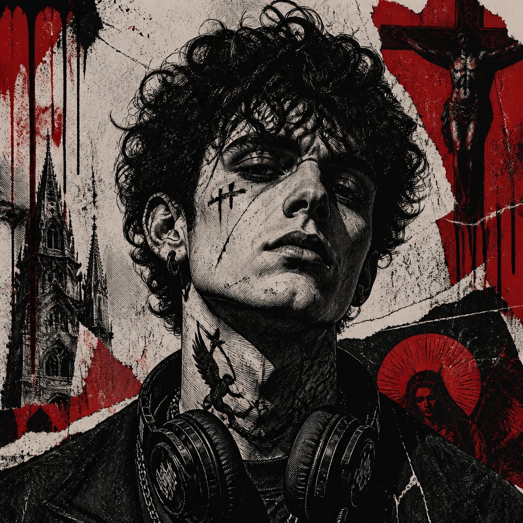 head-and-shoulders portrait of an original character: a young man with curly dark hair and headphones around his neck, plain backdrop, no text — Gothic Punk Art Discord profile picture