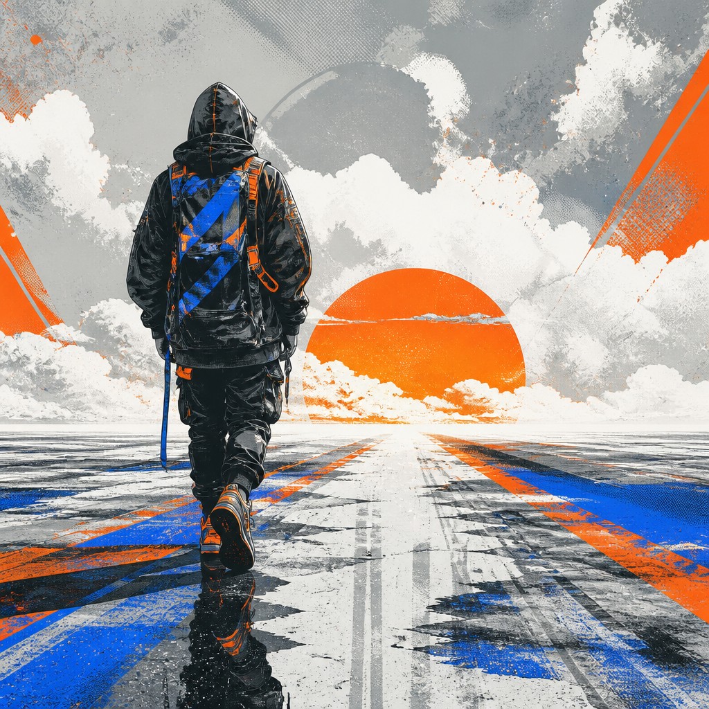 a solitary figure walking toward a glowing horizon across an empty plain, moody atmosphere, no text or lettering — Streetwear Fashion Design album cover