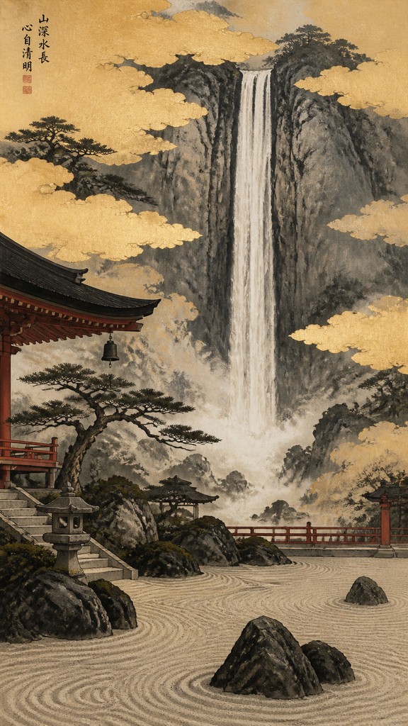towering waterfall cascading down a cliff — Kyoto Zen Art Style