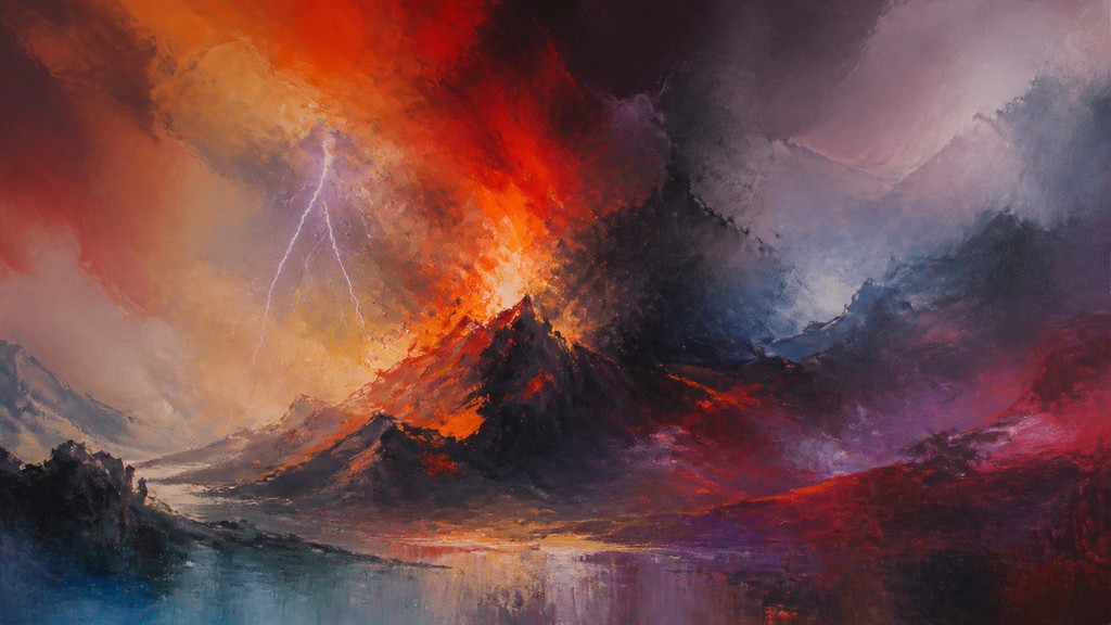 an erupting volcano with lightning strikes, dramatic wide composition, no text — Abstract Landscape Art Style YouTube thumbnail