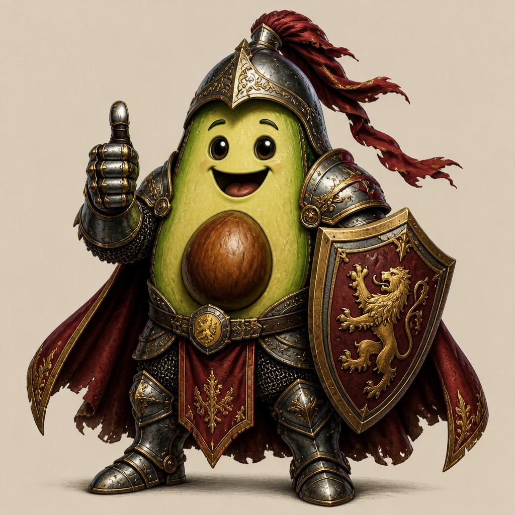 a happy avocado character giving a thumbs up, bold readable design on a plain background, no text — Knightcore Aesthetic sticker