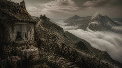 a wide alpine ridge above a sea of clouds, no people — Dark Cottagecore Aesthetic wallpaper