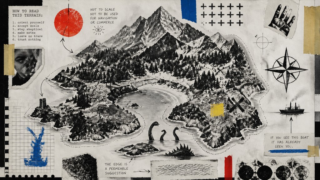 a map of an island realm with mountains, forests, a sheltered bay, sea monsters in the water and a compass rose, no text labels — Fluxus Art Style fantasy map