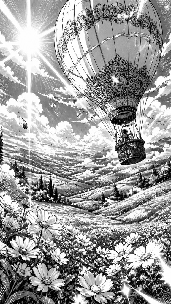 a hot air balloon drifting over rolling flower fields on a sunny day, cheerful, no text — Fantasy Adventure Manga Art Style greeting card