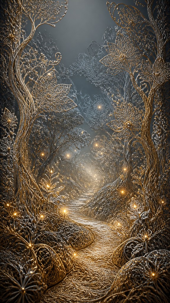 a mysterious forest path with fireflies and drifting mist, atmospheric vertical composition with open space at the top, no text — Filigree Jewelry Style book cover