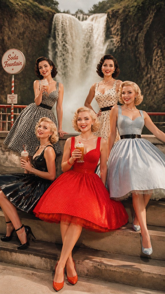 towering waterfall cascading down a cliff — Vintage 50s Fashion Style