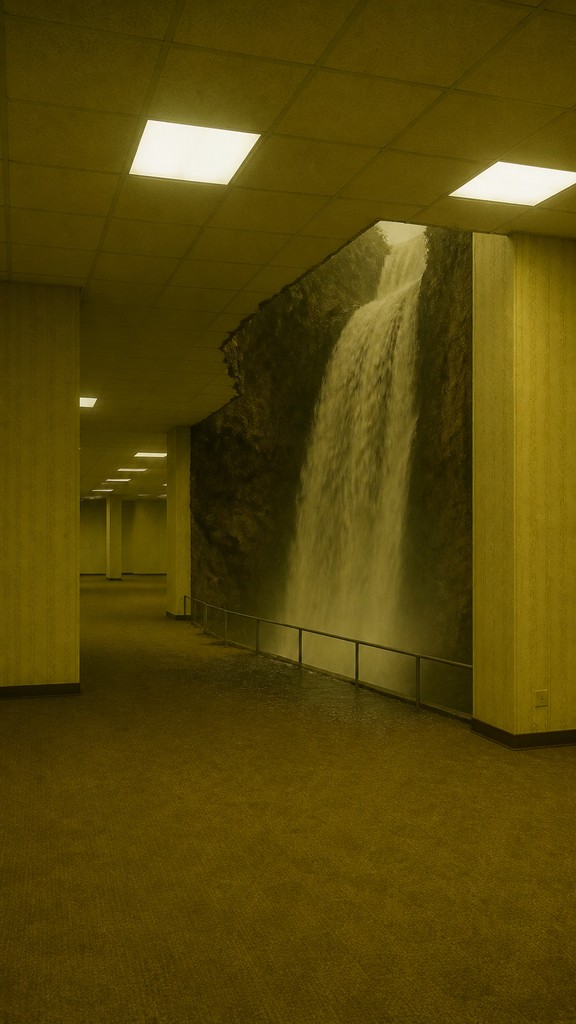 towering waterfall cascading down a cliff — Backrooms Aesthetic