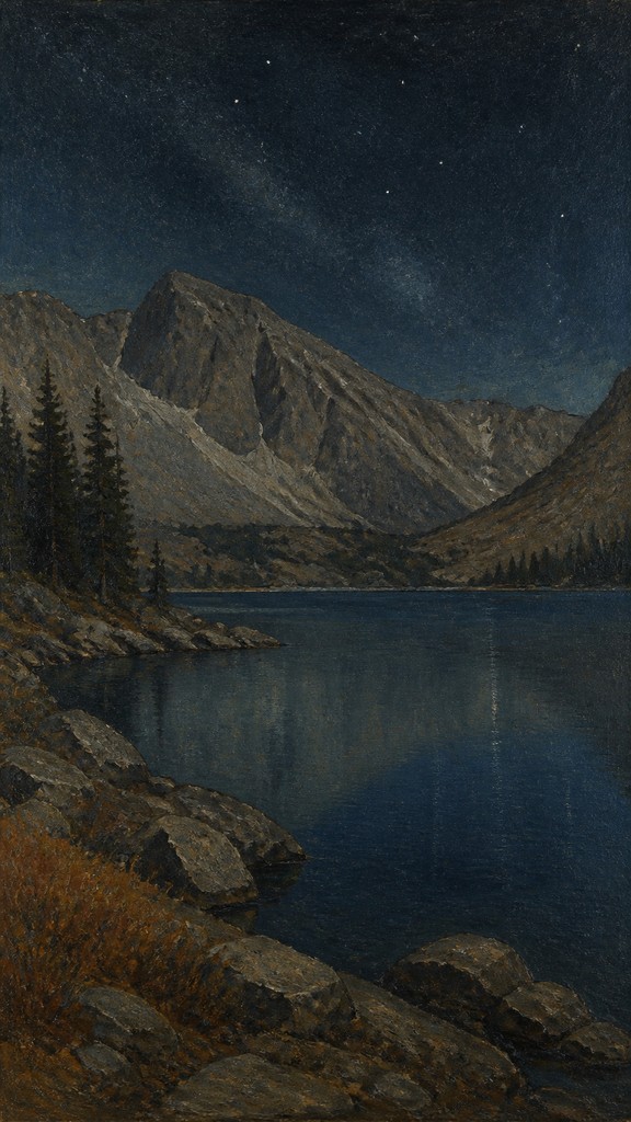 a tranquil mountain lake beneath a starry night sky, no people, no text — Social Realist Figurative Art Style phone wallpaper