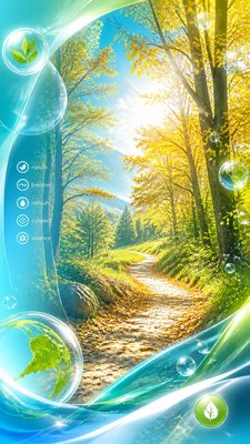 a winding forest path in golden autumn light, no people — Frutiger Aero Aesthetic wallpaper