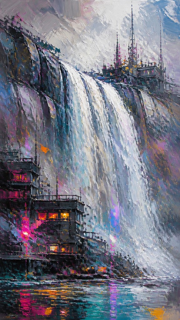 towering waterfall cascading down a cliff — Urban Impressionism Art Style