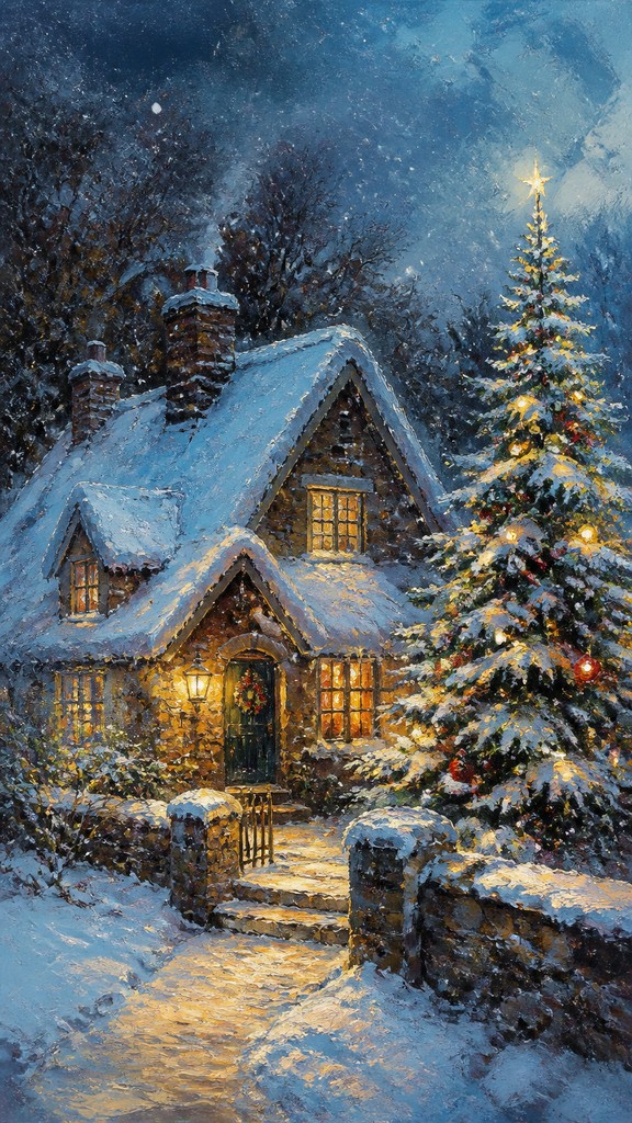 a snow-covered cottage with warm glowing windows beside a decorated pine tree, gentle snowfall, no text — Digital Painting Art Style Christmas card