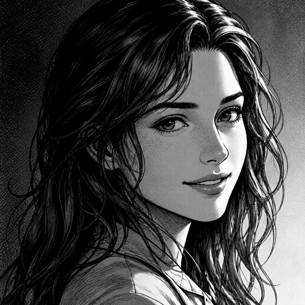 head-and-shoulders portrait of an original character: a young woman with wavy chestnut hair and a warm smile, plain soft backdrop — Seinen Mature Manga Art Style profile picture