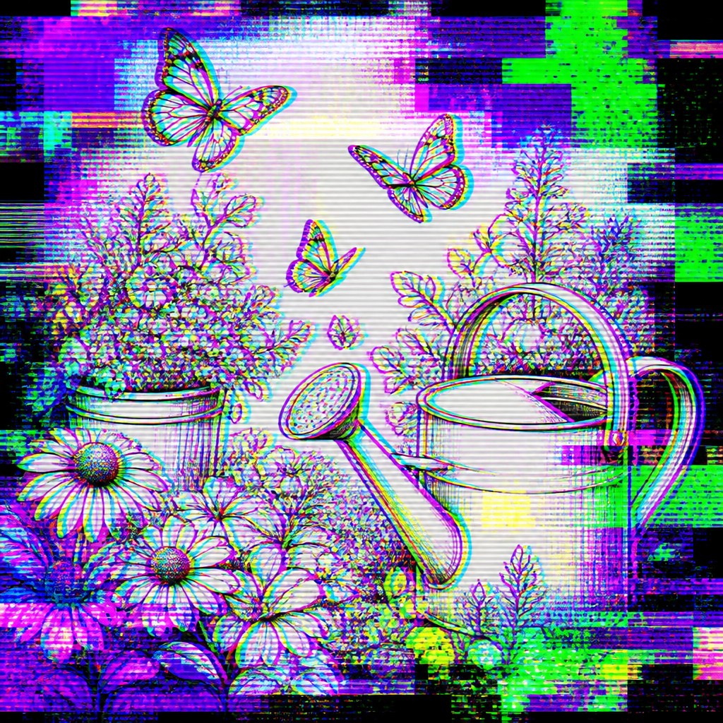 a garden scene with butterflies, flowers and a watering can, clean uncolored line art, no text — Glitch Digital Art Style coloring page