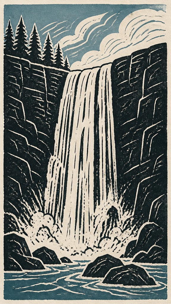 towering waterfall cascading down a cliff — Linocut Print Style