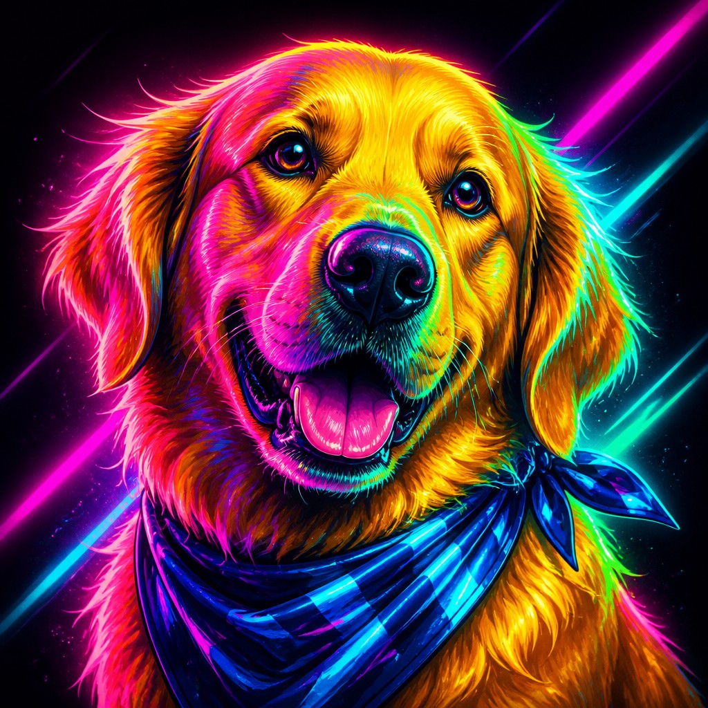 portrait of a golden retriever wearing a blue bandana, warm plain backdrop, no text — Neon Pop Art Style pet portrait