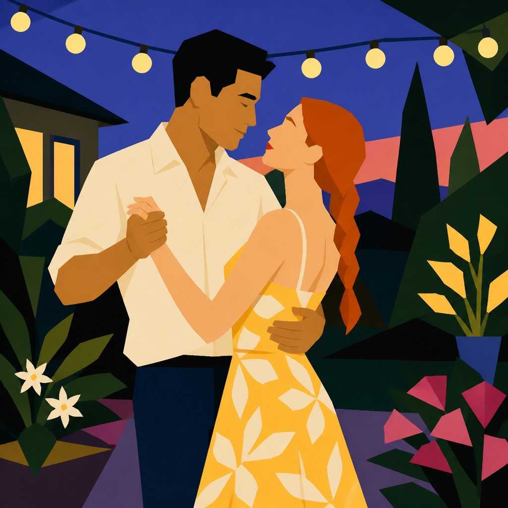 an original couple dancing under string lights in a garden at dusk: a man with short black hair in a linen shirt and a woman with braided red hair in a summer dress — Hard-edge Painting Style couple portrait