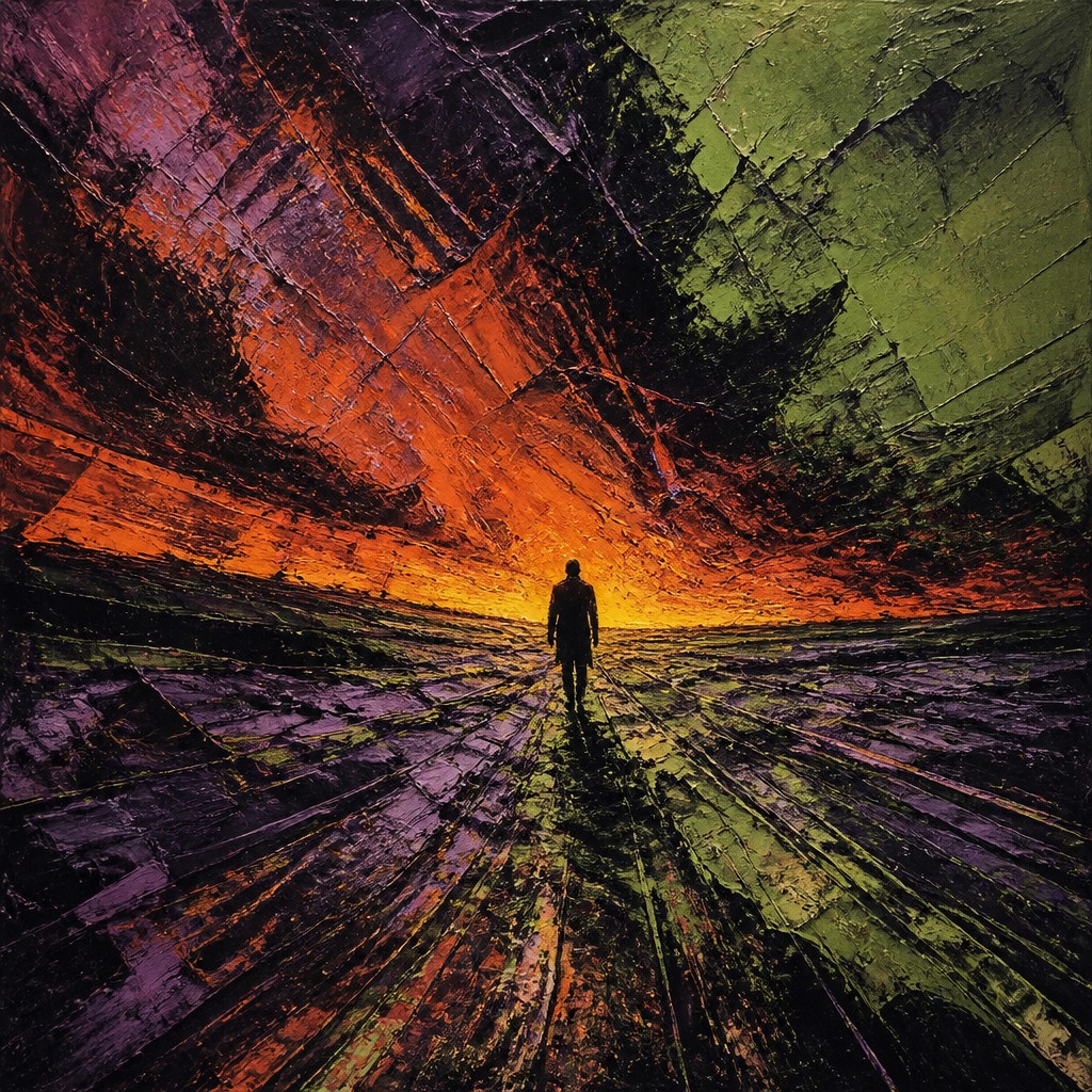a solitary figure walking toward a glowing horizon across an empty plain, moody atmosphere, no text or lettering — Expressionism Art Style album cover