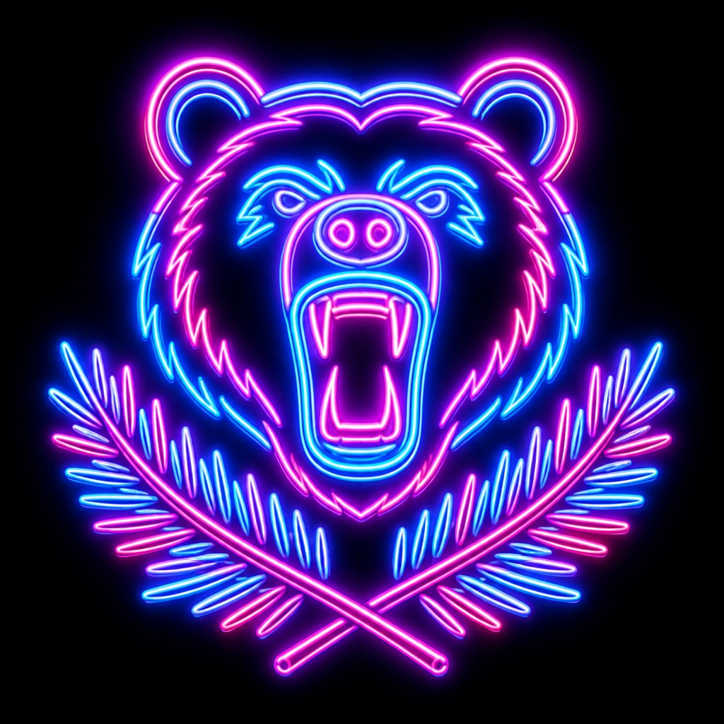a roaring bear head above crossed pine branches, bold graphic composition on a plain background, no text — Neon Icon Design t-shirt design