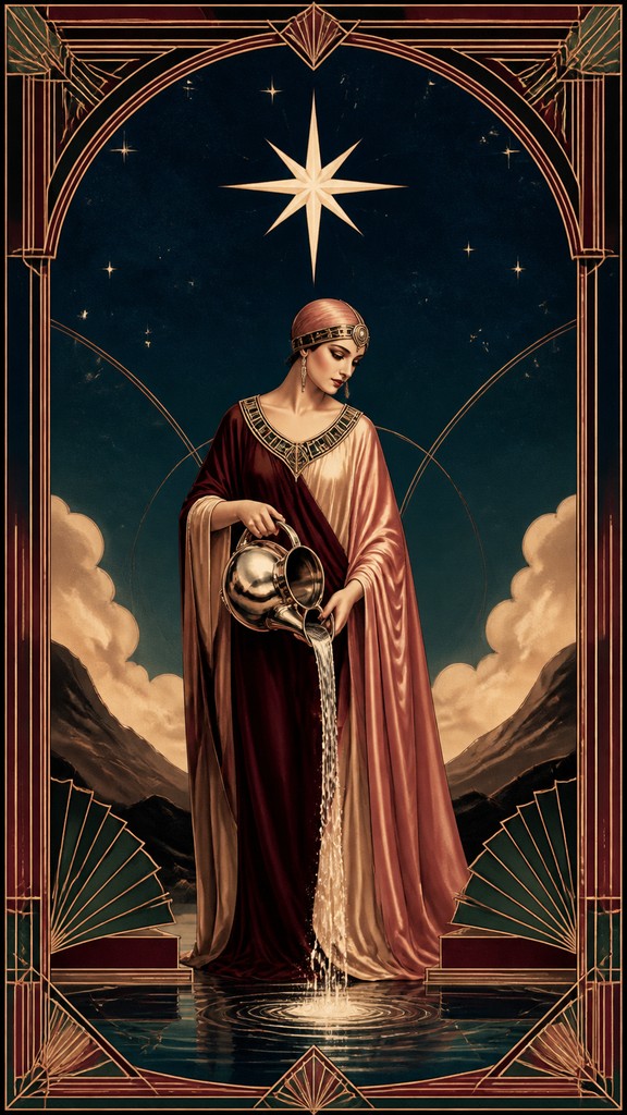 a robed figure pouring water beneath a large eight-pointed star in a night sky, symmetrical composition with an ornate decorative border, no text — Vintage Retro Fashion Design tarot card