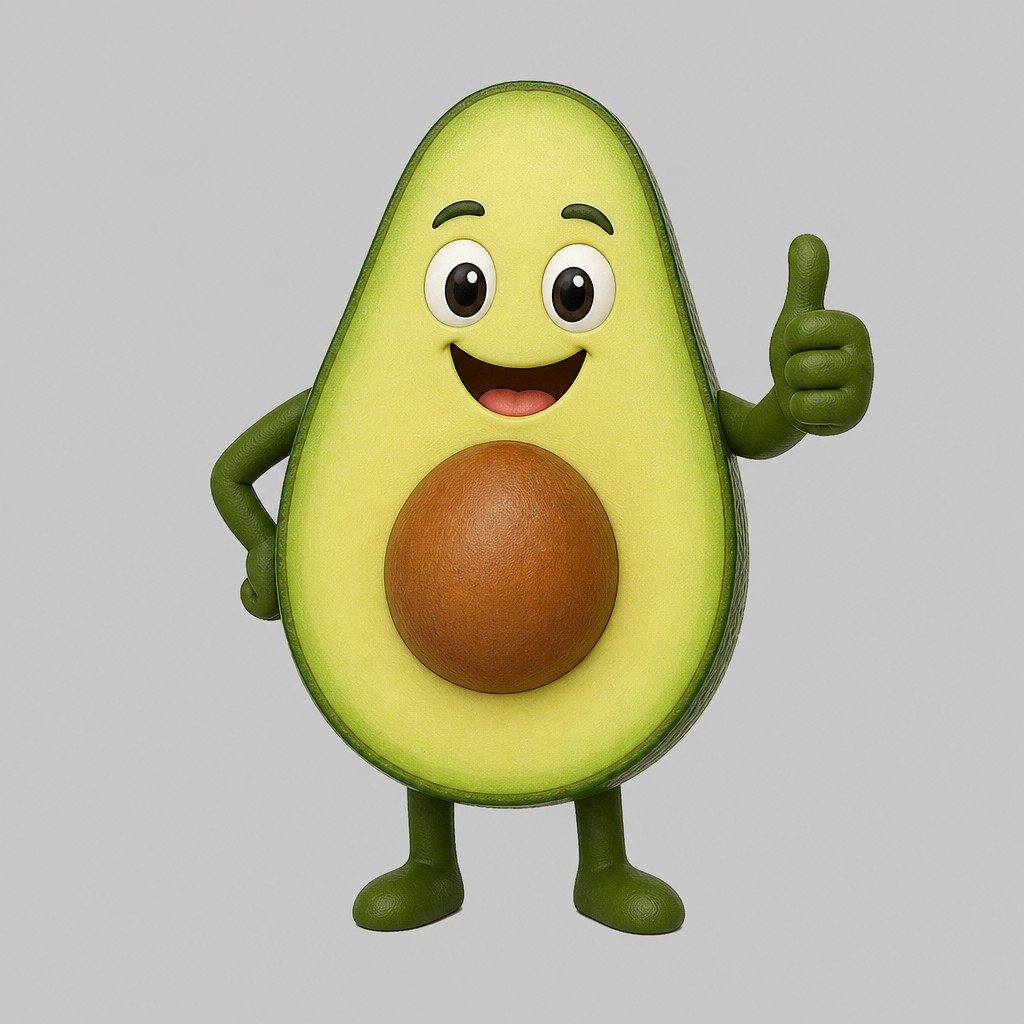 a happy avocado character giving a thumbs up, bold readable design on a plain background, no text — Photo-Conceptual Art Style sticker