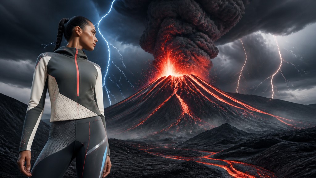 an erupting volcano with lightning strikes, dramatic wide composition, no text — Athleisure Fashion Design YouTube thumbnail