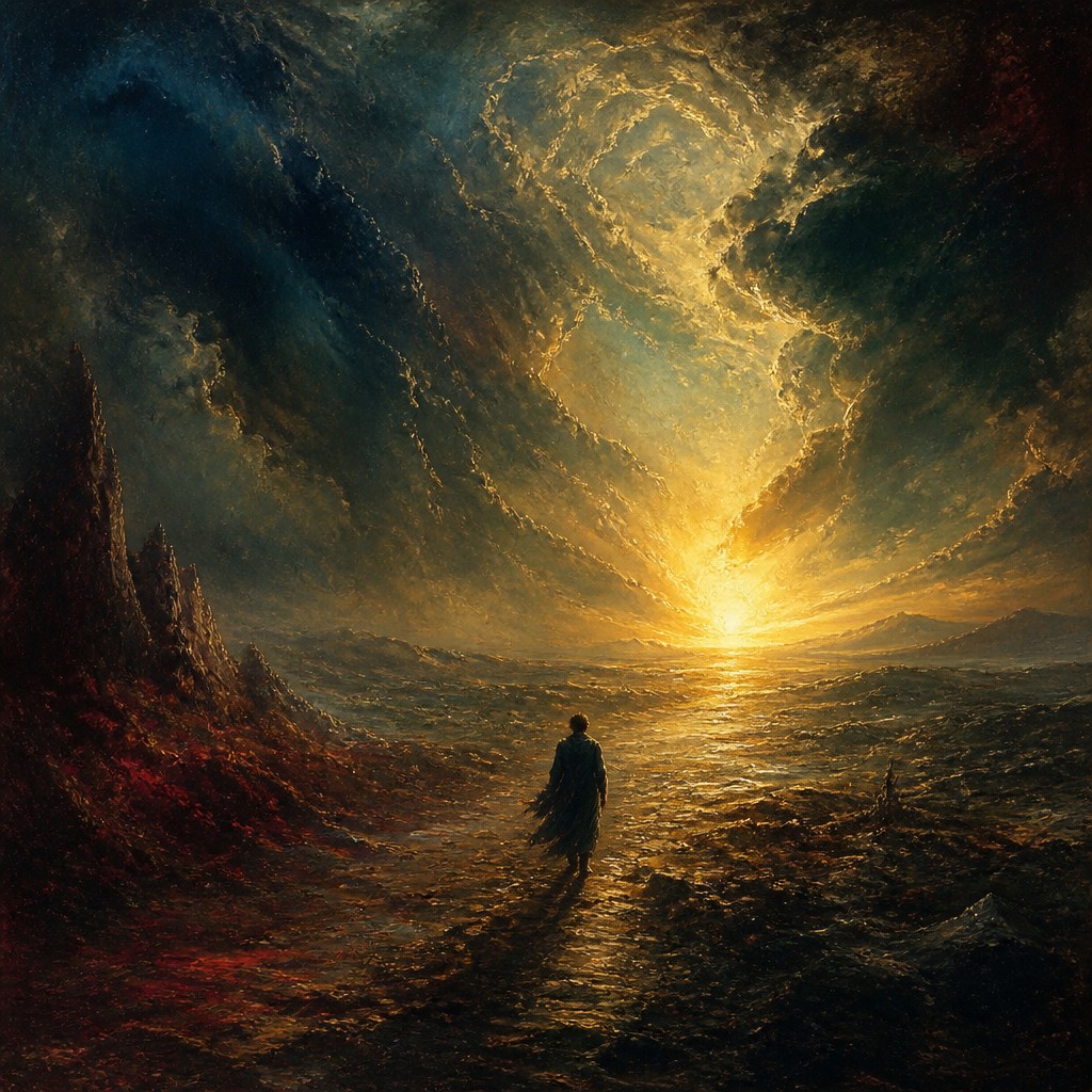 a solitary figure walking toward a glowing horizon across an empty plain, moody atmosphere, no text or lettering — Romantic Classical Art Style album cover