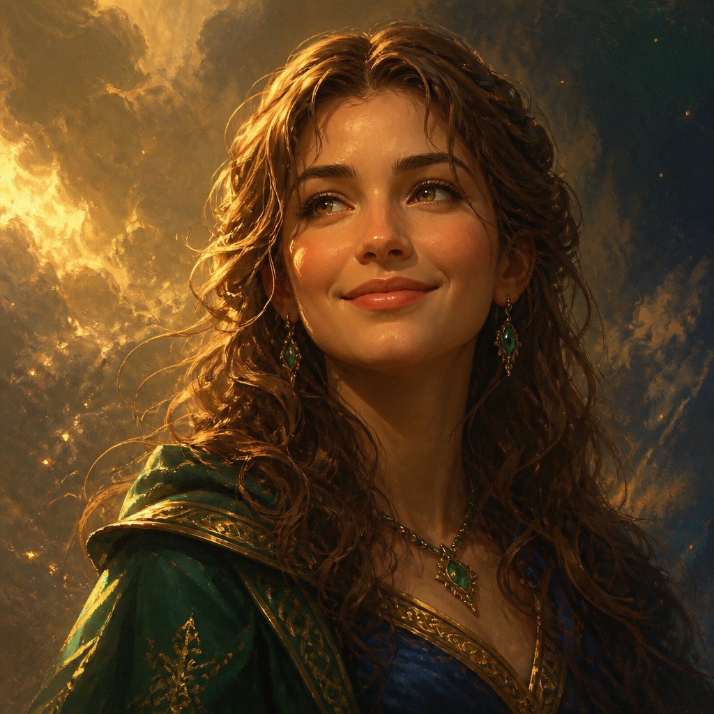 head-and-shoulders portrait of an original character: a young woman with wavy chestnut hair and a warm smile, plain soft backdrop — Epic Fantasy Art profile picture