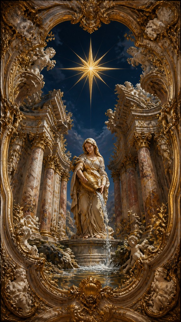 a robed figure pouring water beneath a large eight-pointed star in a night sky, symmetrical composition with an ornate decorative border, no text — Baroque Architecture tarot card