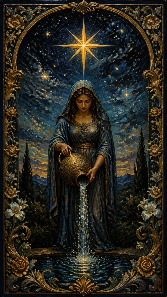 a robed figure pouring water beneath a large eight-pointed star in a night sky, symmetrical composition with an ornate decorative border, no text — Oil Portrait Art Style tarot card
