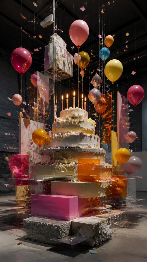 a birthday cake with lit candles surrounded by balloons and confetti, festive vertical composition, no text — Installation Modern Art Style birthday card