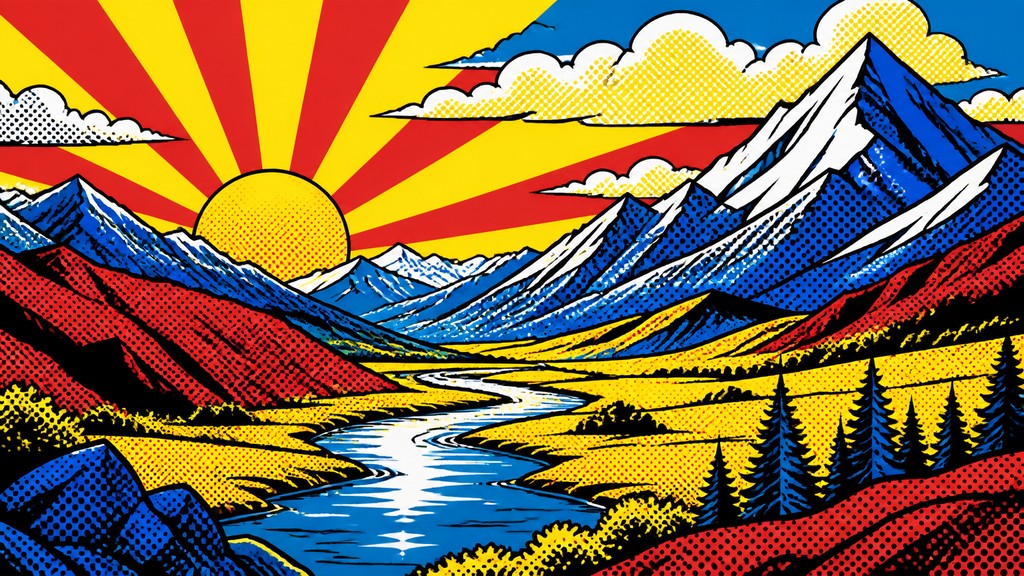 a vast valley with a river winding toward distant mountains at sunrise, no people, no text — Advertisement Pop Art Style desktop wallpaper