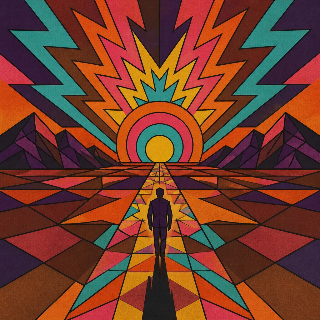 a solitary figure walking toward a glowing horizon across an empty plain, moody atmosphere, no text or lettering — Retro Geometric Art album cover