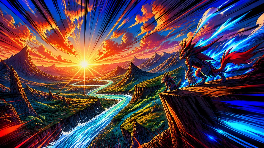 a vast valley with a river winding toward distant mountains at sunrise, no people, no text — Shonen Action Anime Art Style desktop wallpaper