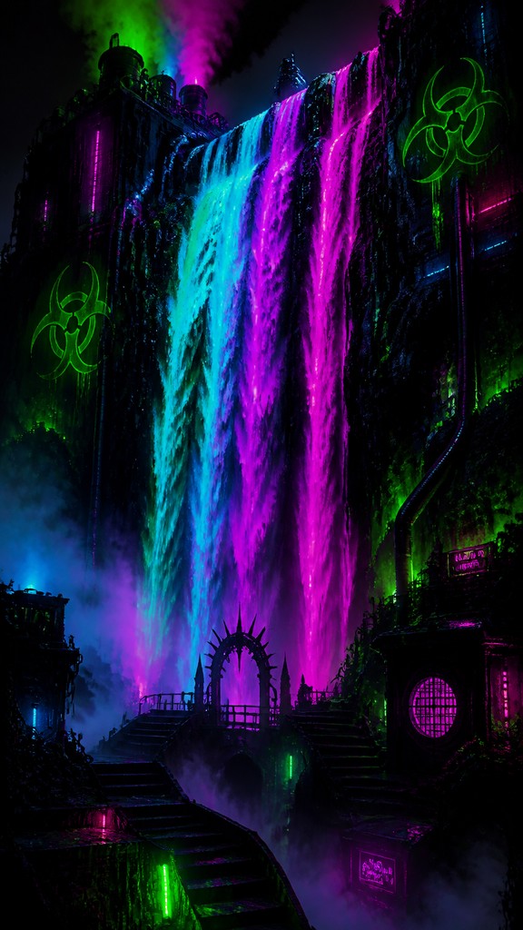 towering waterfall cascading down a cliff — Cybergoth Aesthetic